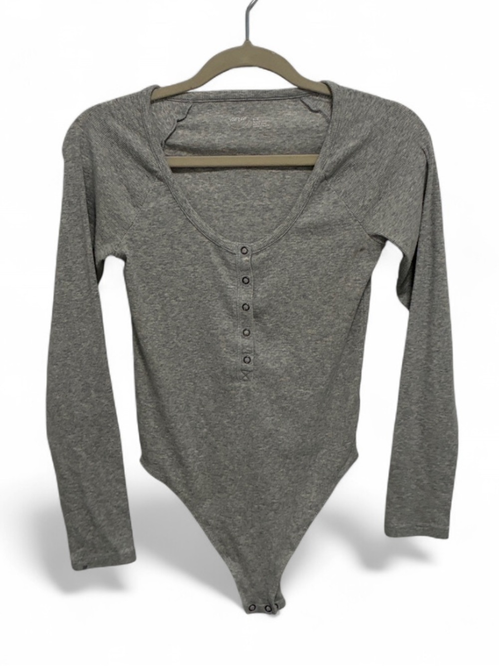 aerie Gray Ribbed Long-Sleeve Henley Bodysuit